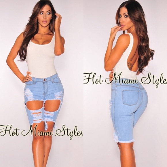 Hot Miami Styles Pants - Light Denim Distressed Bermuda Shorts